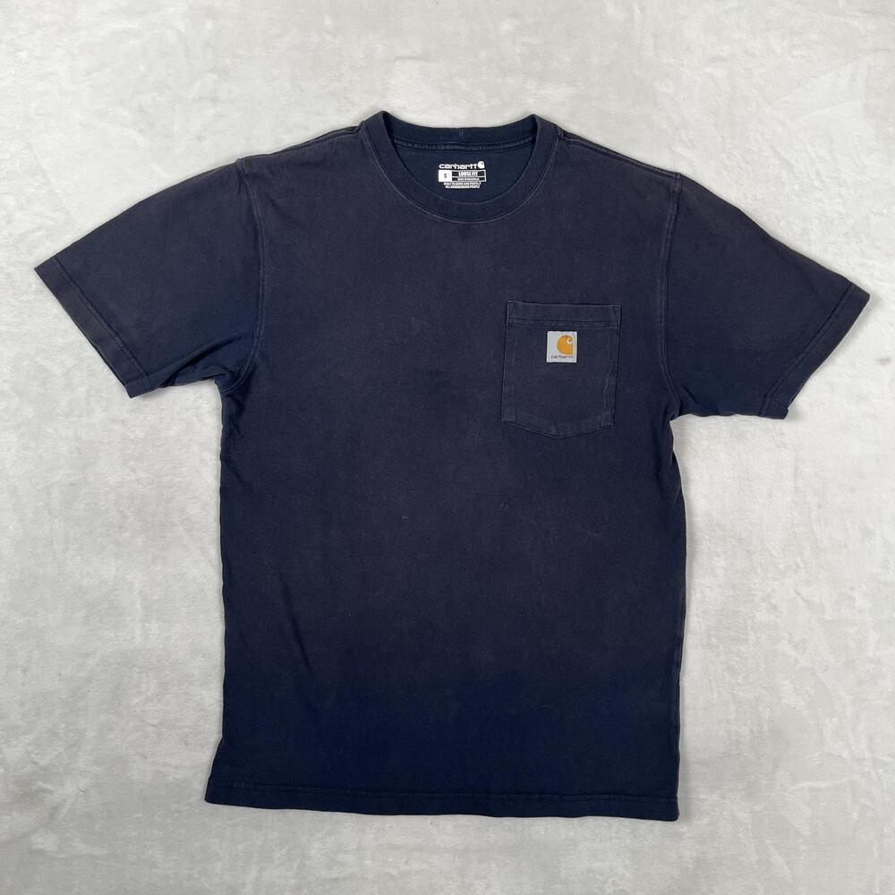 Carhartt T-Shirt Mens Small Blue Loose Fit Pocket Workwear Logo Sun Faded